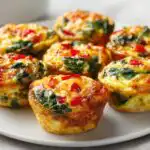 Six baked egg bites with spinach and red peppers, perfect for Breakfast Meal Prep, served on a white plate.
