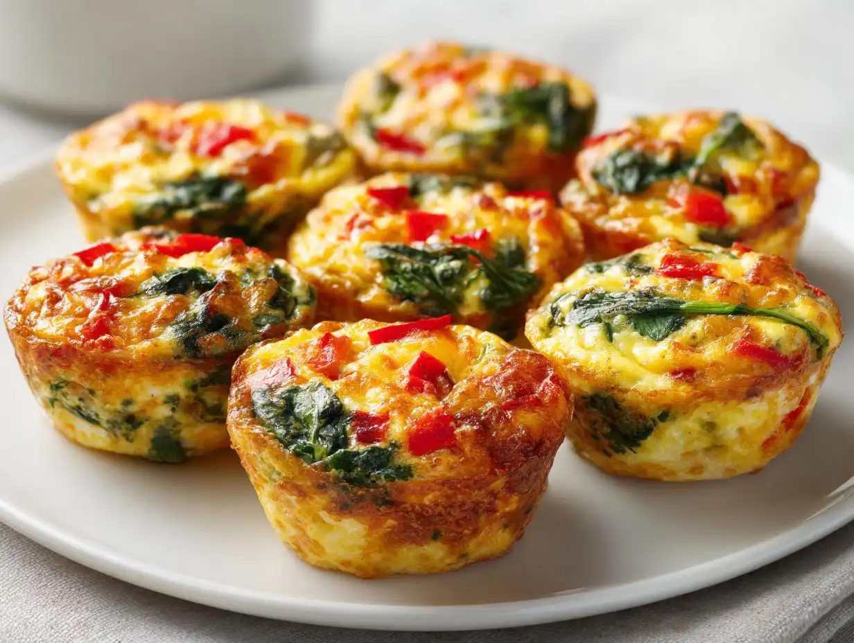 Six baked egg bites with spinach and red peppers, perfect for Breakfast Meal Prep, served on a white plate.