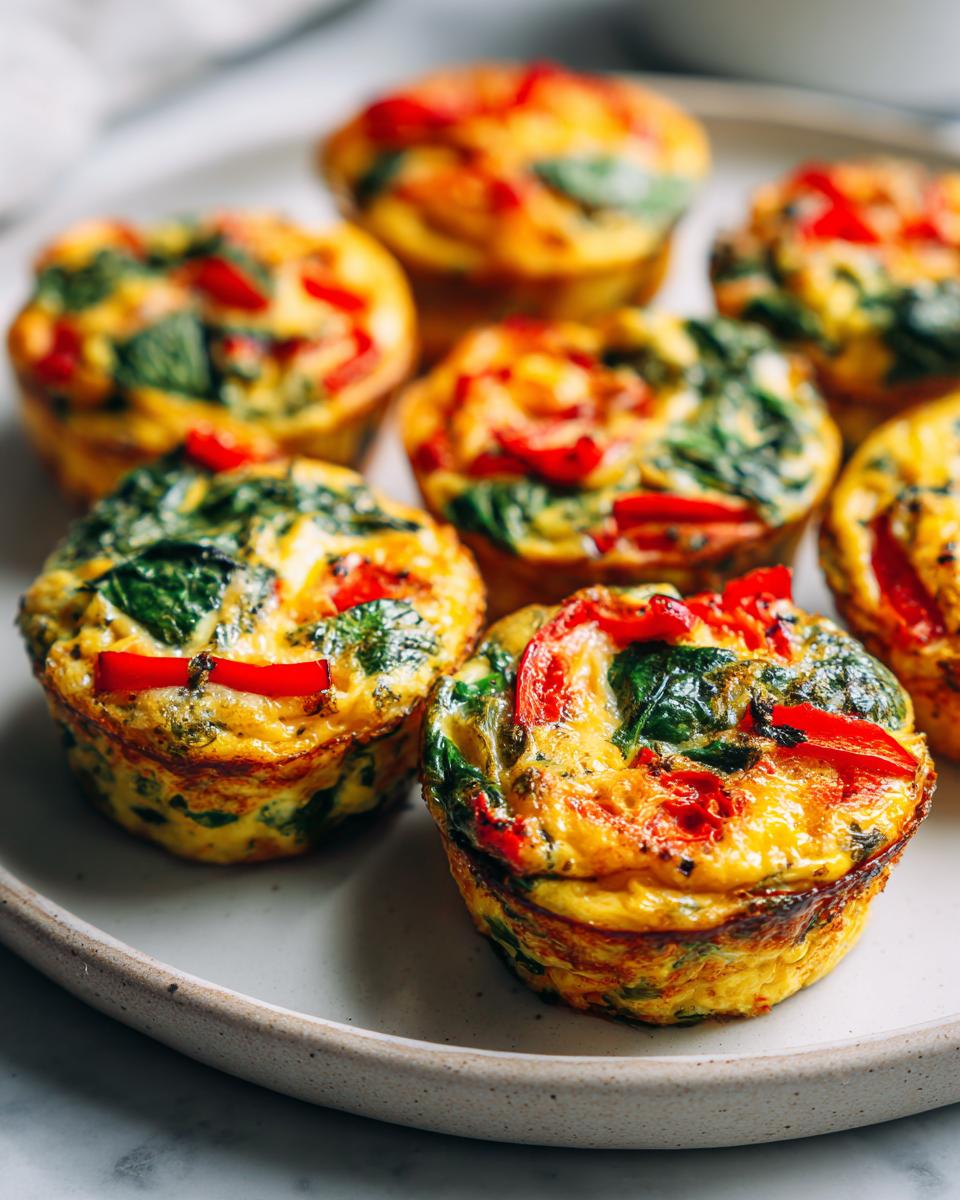 Close-up of several baked egg bites with spinach and red peppers, perfect for Breakfast Meal Prep.