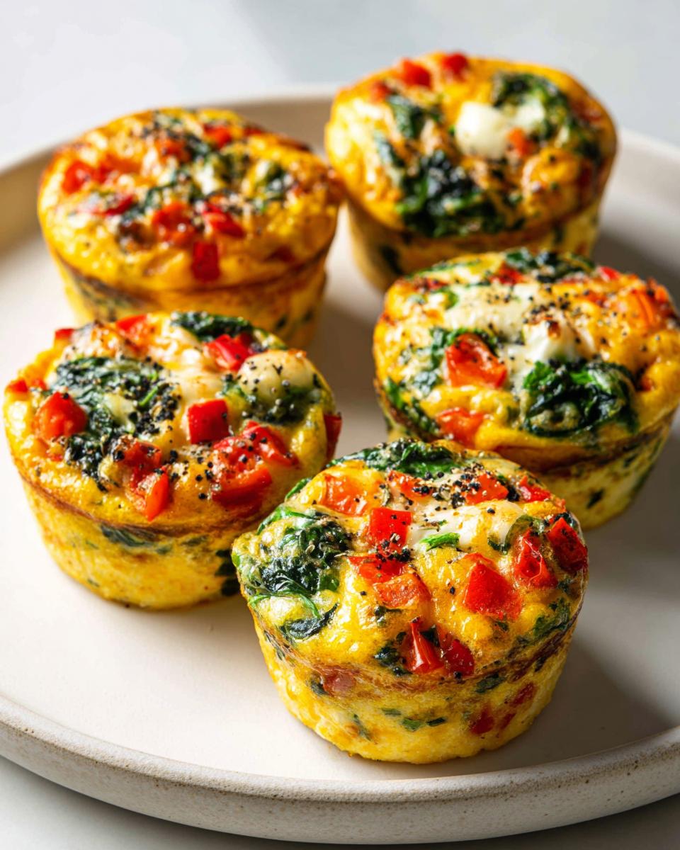Five baked egg muffins filled with spinach, red peppers, and cheese, perfect for Breakfast Meal Prep.