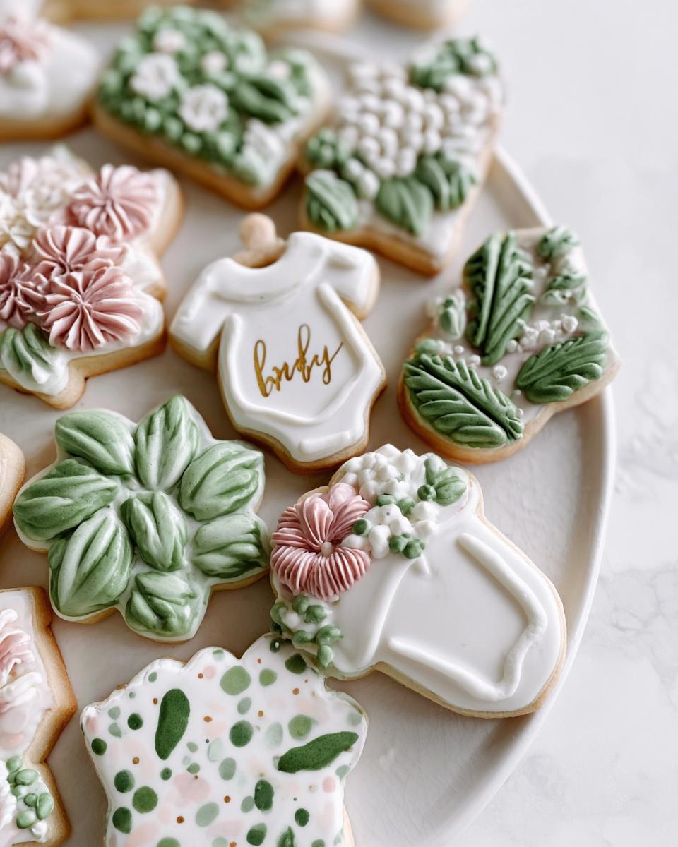 Close-up of various Elegant Garden Baby Shower Cookies featuring green succulents, pink flowers, and a white onesie.
