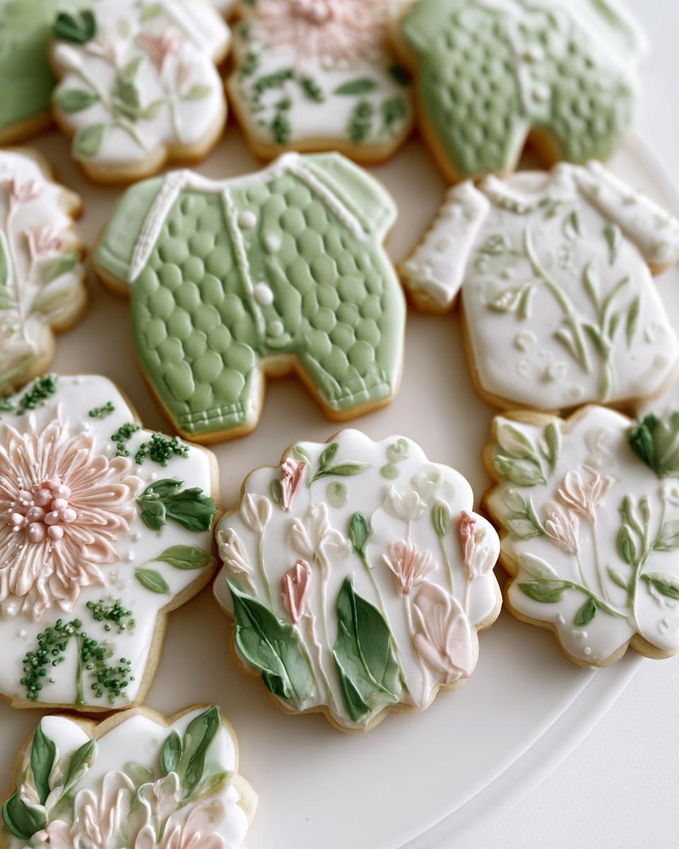A close-up of various Elegant Garden Baby Shower Cookies decorated with floral piping and baby clothing shapes in soft green and pink.
