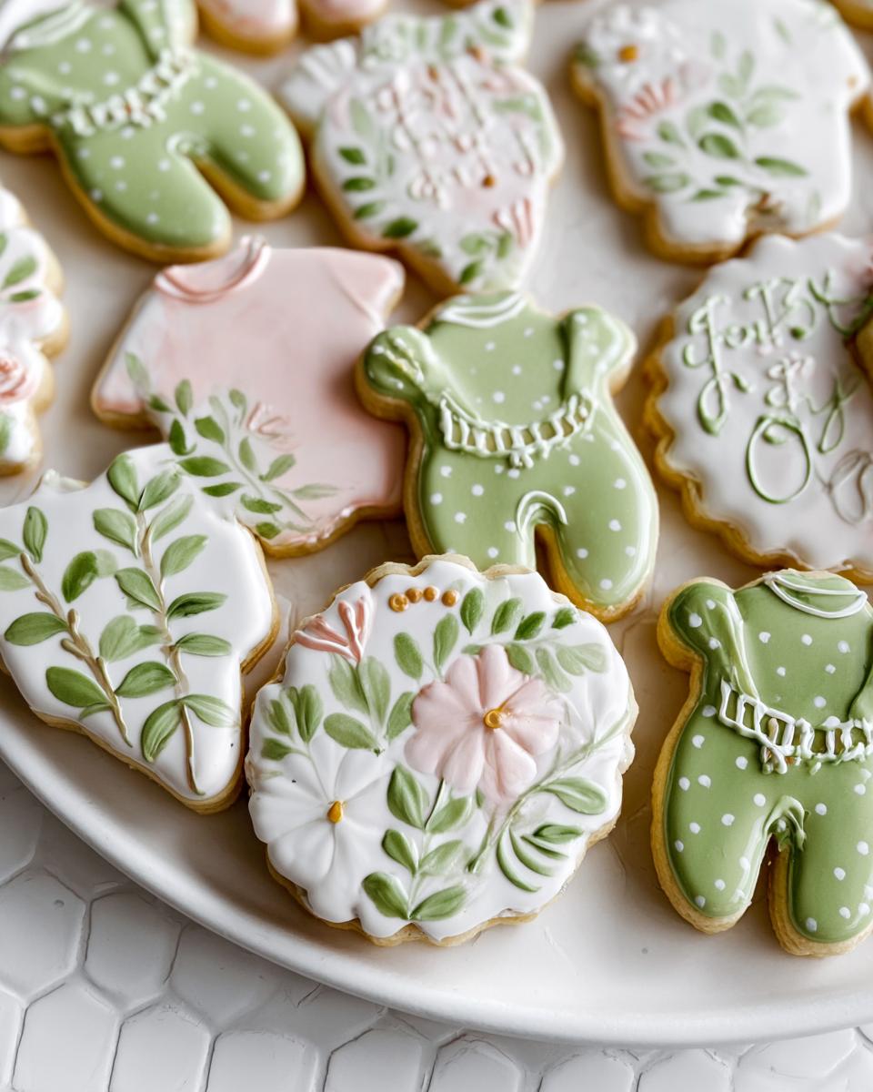 Close-up of various Elegant Garden Baby Shower Cookies decorated with green onesies, floral art, and soft pink icing.
