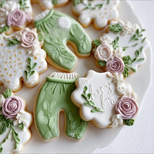 Close-up of Elegant Garden Baby Shower Cookies featuring green baby pants, floral wreaths, and a 'Happy Day' plaque.