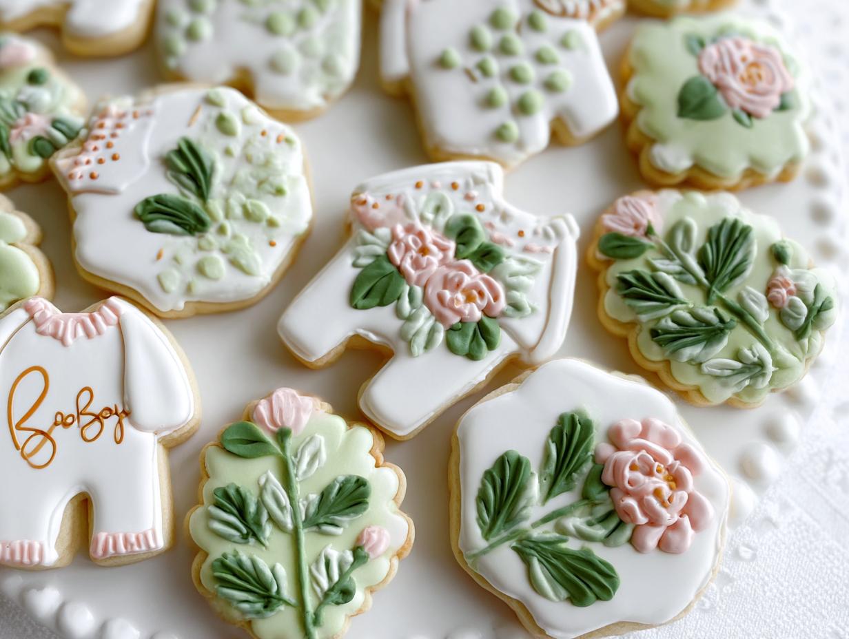 A collection of beautifully decorated Elegant Garden Baby Shower Cookies featuring floral designs and baby onesie shapes.