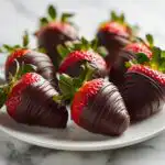 A plate of perfectly dipped Chocolate Covered Strawberries, drizzled with extra dark chocolate.