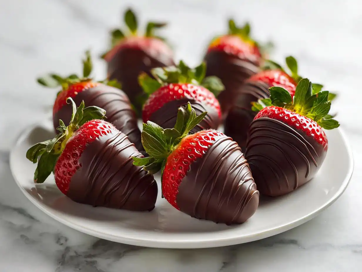 A plate of perfectly dipped Chocolate Covered Strawberries, drizzled with extra dark chocolate.