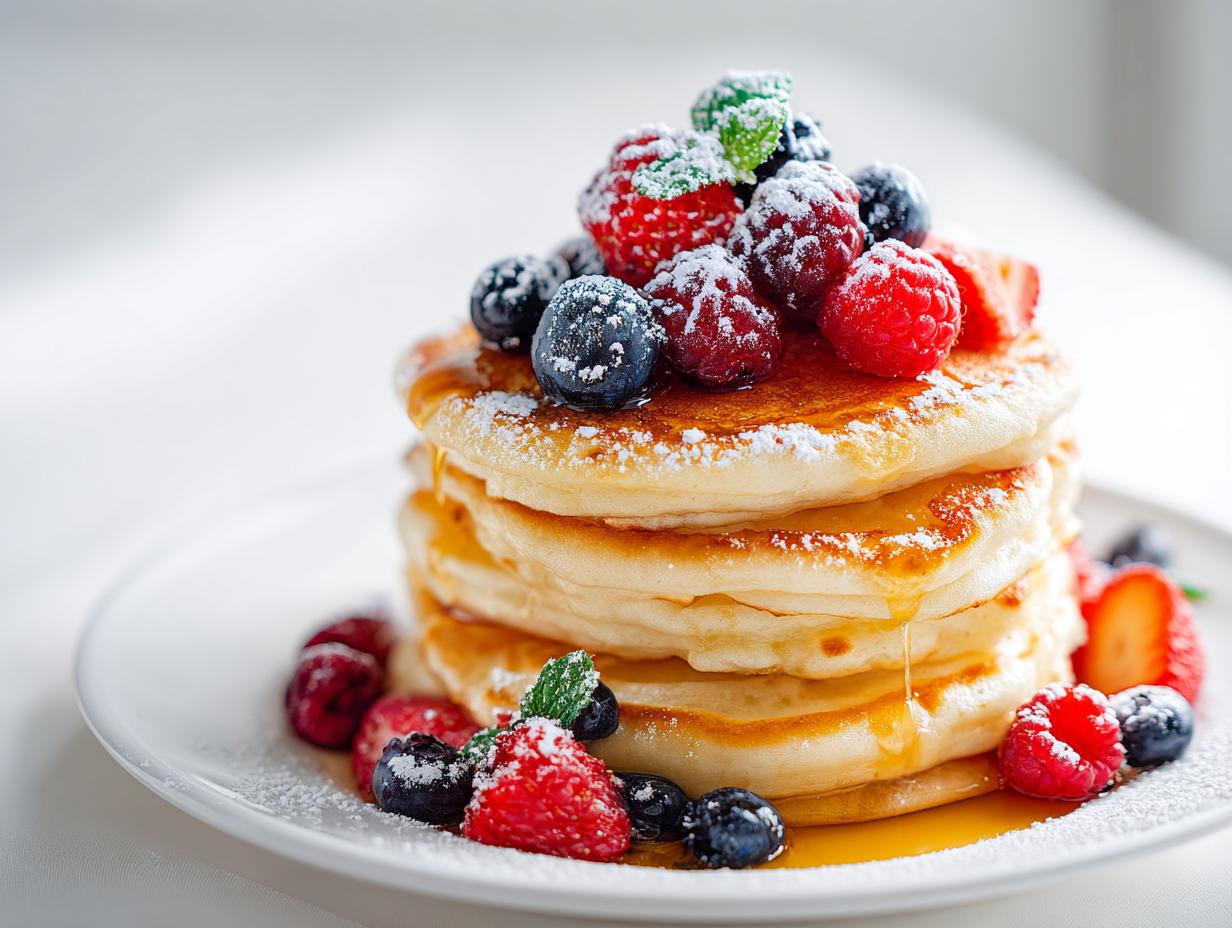 A stack of fluffy pancakes topped with mixed berries, powdered sugar, and drizzled with syrup, perfect for an Aesthetic Pancake Breakfast.