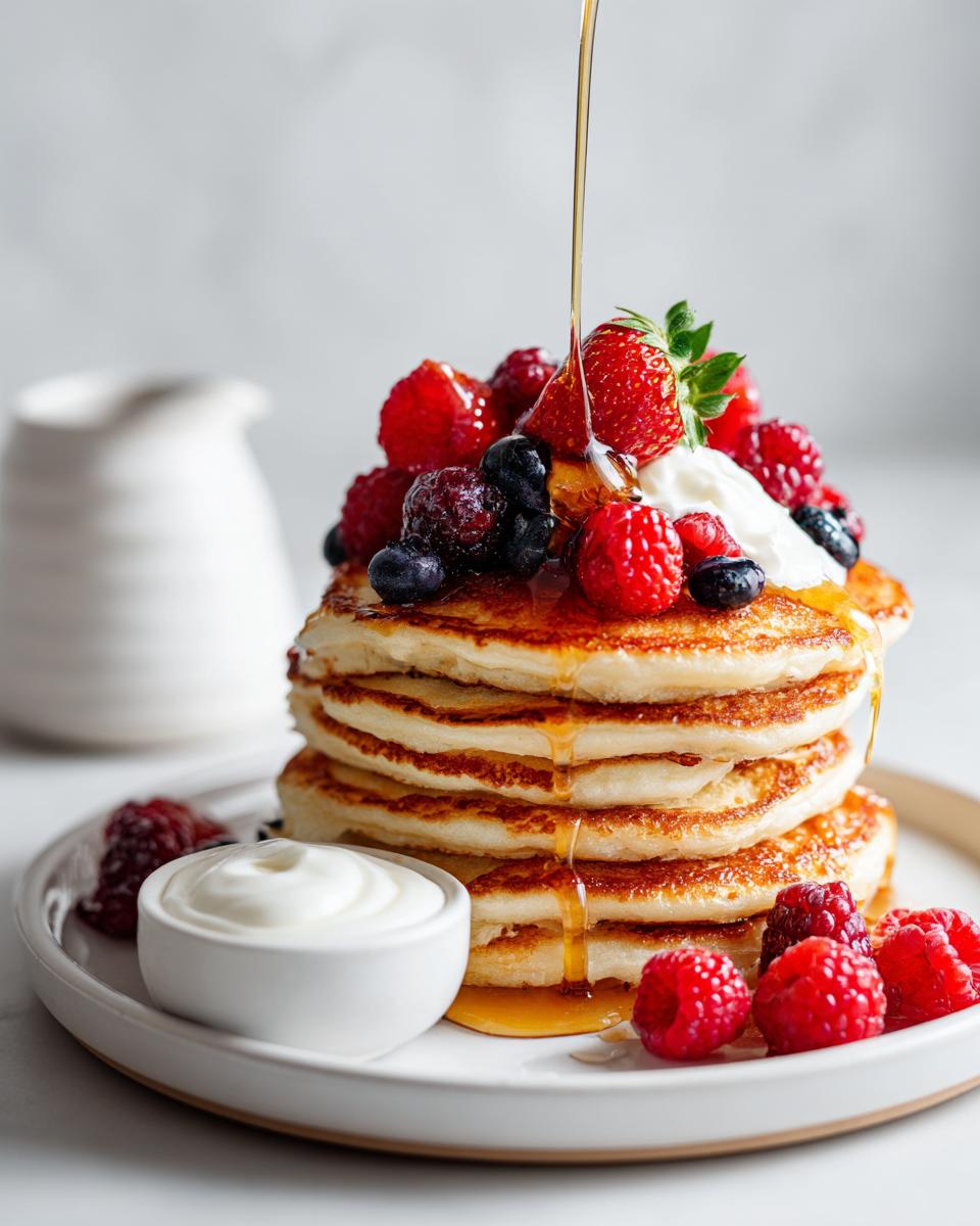 A stack of fluffy pancakes topped with mixed berries, whipped cream, and drizzled with syrup, perfect for a Breakfast Board Easy.