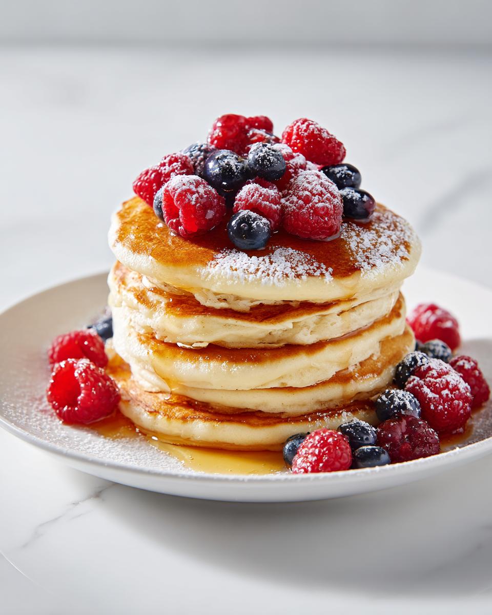 A tall stack of fluffy pancakes topped with fresh raspberries, blueberries, powdered sugar, and syrup for an Aesthetic Pancake Breakfast.