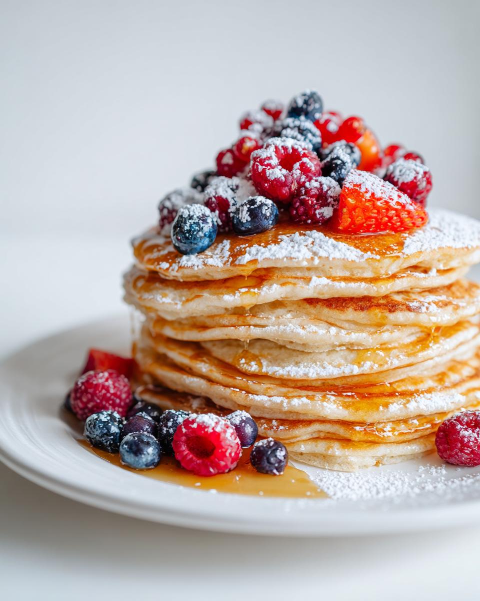 A tall stack of fluffy pancakes topped with mixed berries, powdered sugar, and drizzled with syrup for an Aesthetic Pancake Breakfast.