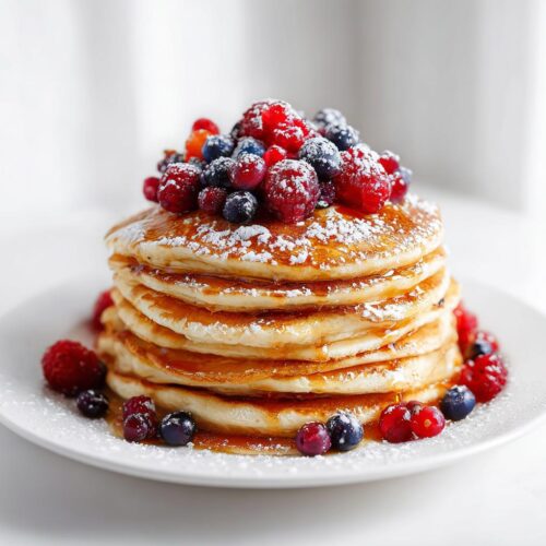 A tall stack of fluffy pancakes ready for an Aesthetic Pancake Breakfast, topped with mixed berries and powdered sugar.