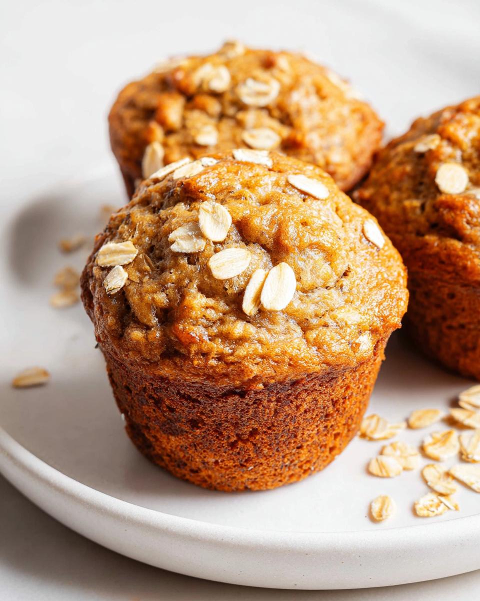 Three freshly baked Banana Oat Muffins topped with visible rolled oats, sitting on a light plate.