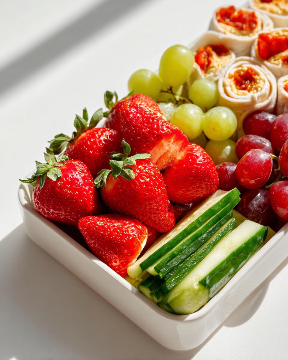 A white container filled with fresh strawberries, green and red grapes, cucumber sticks, and tortilla roll-ups, perfect for Picnic Snack Box Ideas.