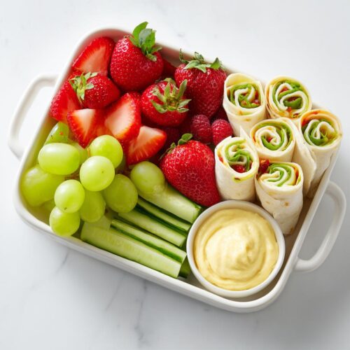 A white tray filled with fresh fruit, cucumber sticks, pinwheel wraps, and a dipping sauce, perfect for Picnic Snack Box Ideas.