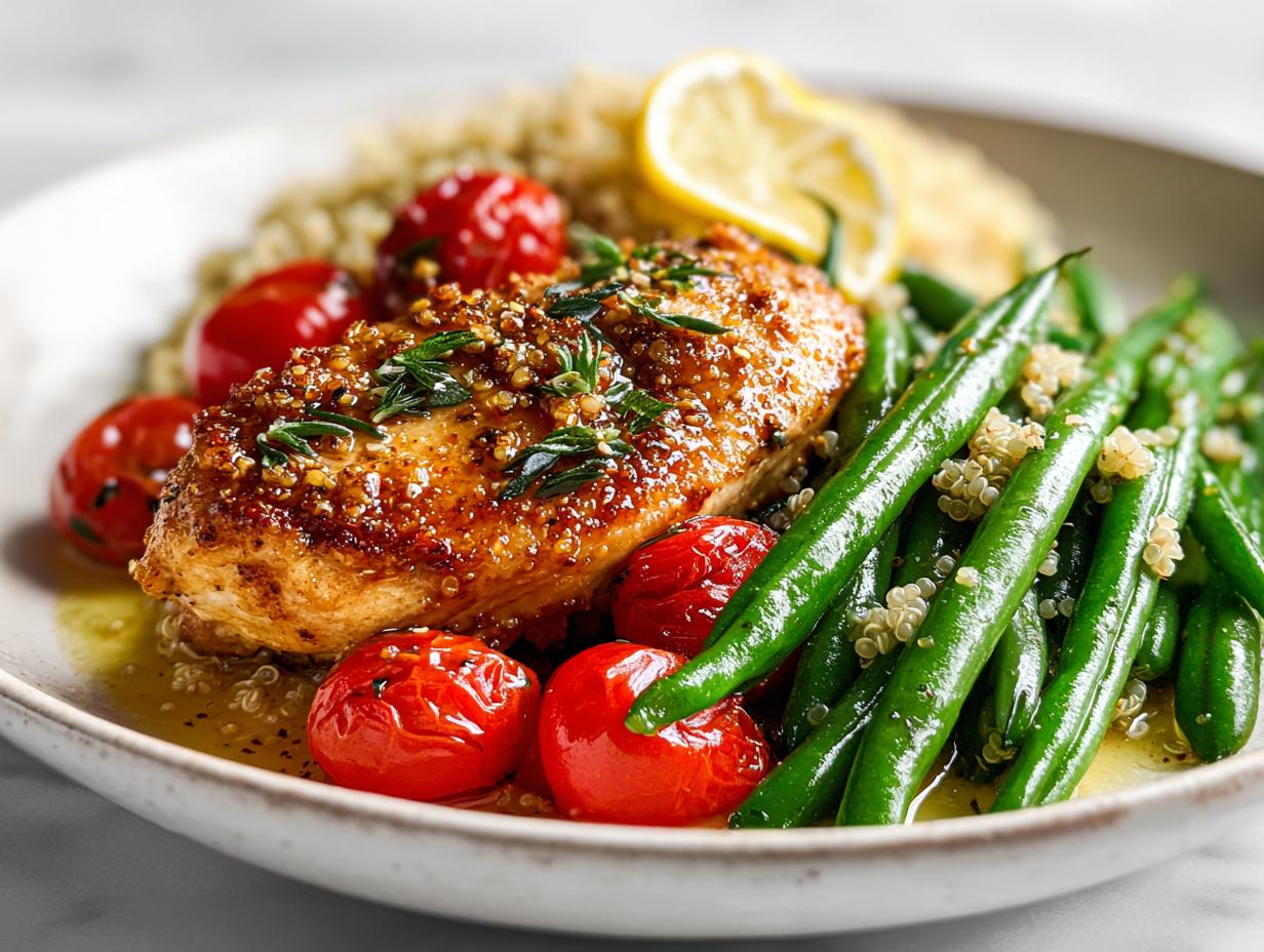 A beautifully plated Fresh Summer Chicken Plate featuring a glazed chicken breast, green beans, roasted tomatoes, and quinoa.