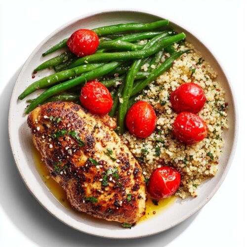 A perfectly cooked chicken breast served on a plate with quinoa, green beans, and roasted cherry tomatoes, making a Fresh Summer Chicken Plate.