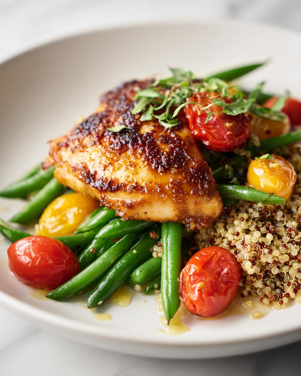 Close-up of a Fresh Summer Chicken Plate featuring seared chicken breast over quinoa, green beans, and roasted cherry tomatoes.
