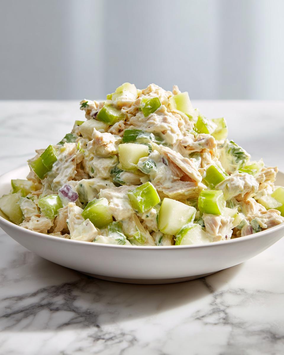 A generous serving of Fresh Summer Chicken Salad mixed with creamy dressing and bright green apple chunks in a white bowl.