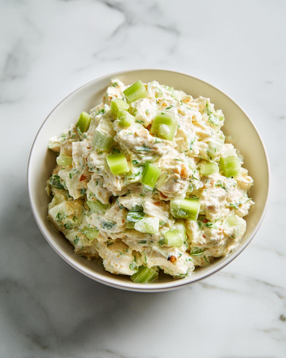 Overhead view of a creamy bowl of Fresh Summer Chicken Salad topped with bright green celery chunks.