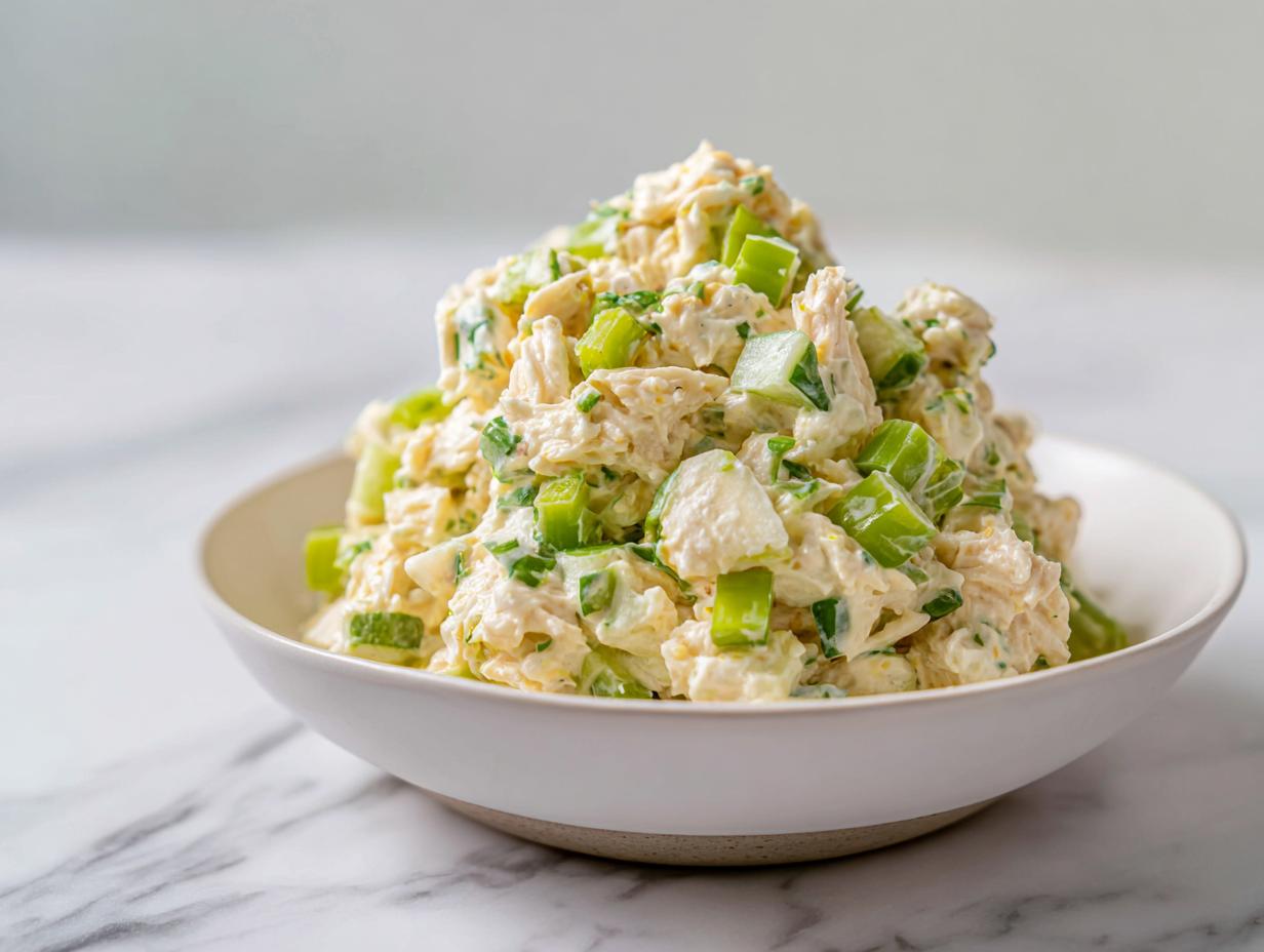 A generous serving of Fresh Summer Chicken Salad piled high in a white bowl on a marble surface.