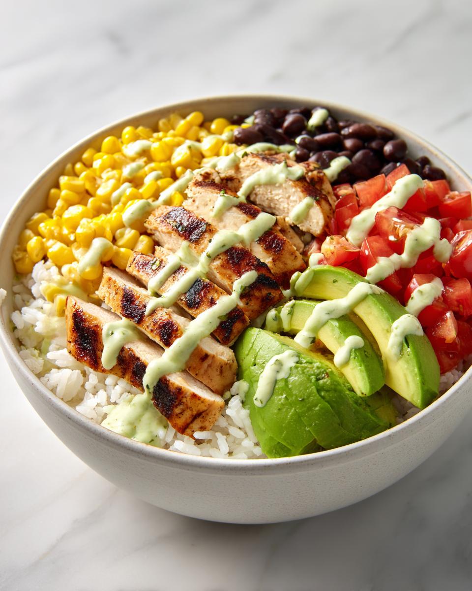 A close-up of a Fresh Summer Taco Bowl featuring grilled chicken, corn, black beans, avocado, tomatoes, and a creamy green drizzle over rice.