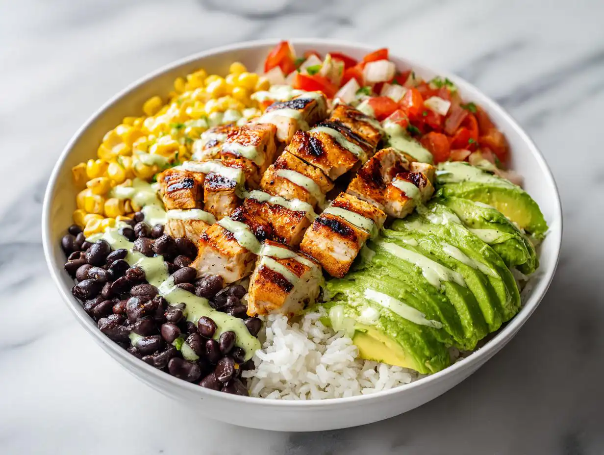 A close-up of a Fresh Summer Taco Bowl featuring grilled chicken, avocado, black beans, corn, and cilantro dressing over rice.