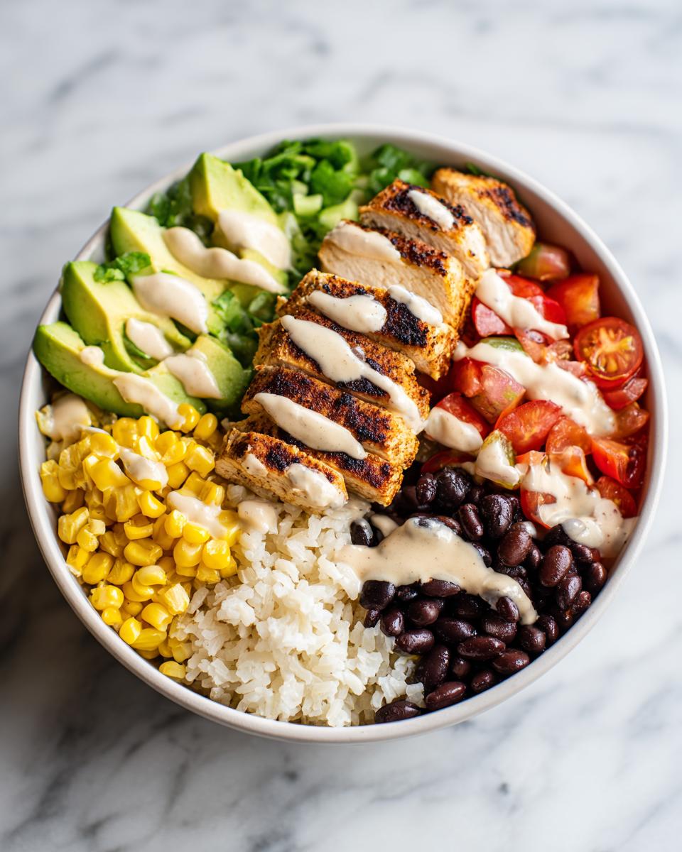 Overhead view of a vibrant Fresh Summer Taco Bowl featuring grilled chicken, rice, corn, avocado, and black beans.
