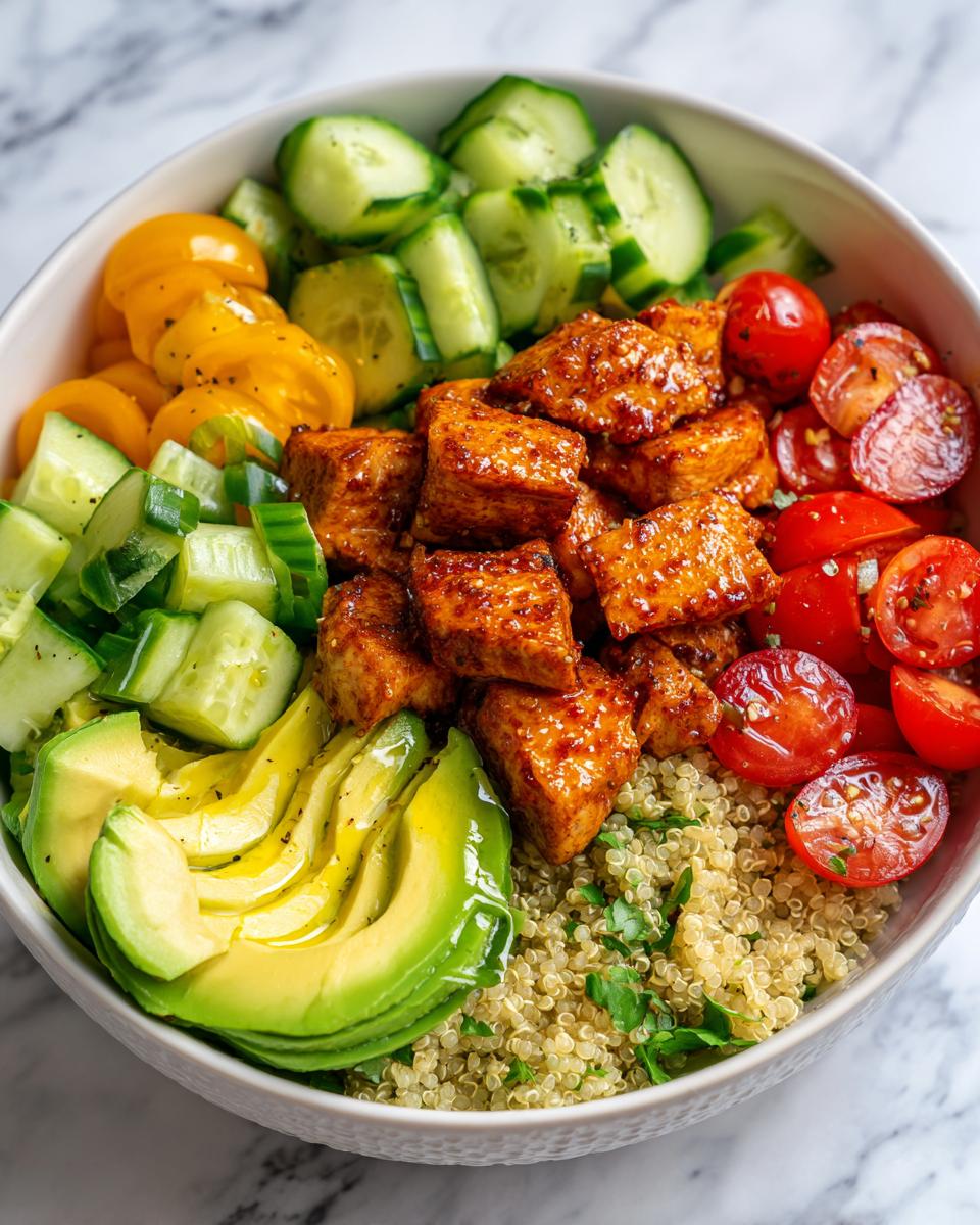 Close-up of a Fresh Summer Veggie Chicken Bowl featuring glazed chicken pieces, quinoa, sliced avocado, cucumbers, and cherry tomatoes.