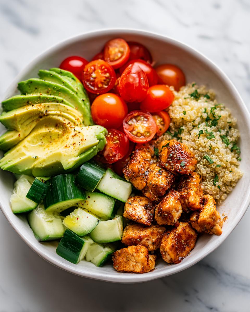 Overhead view of a Fresh Summer Veggie Chicken Bowl featuring seasoned chicken, avocado, tomatoes, cucumber, and quinoa.