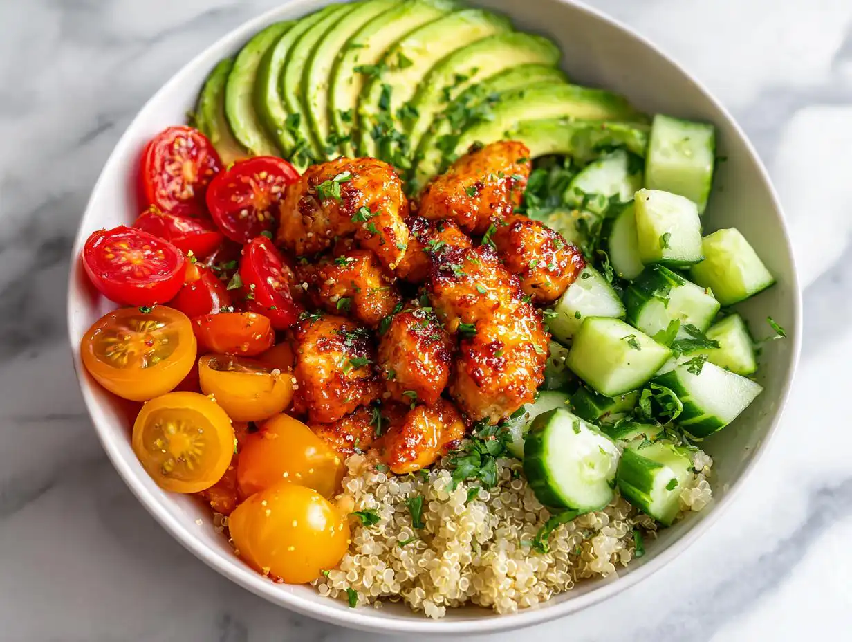 A vibrant Fresh Summer Veggie Chicken Bowl featuring glazed chicken, sliced avocado, cherry tomatoes, cucumbers, and quinoa.