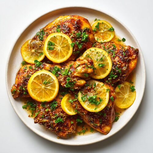 Platter of glazed chicken breasts topped with fresh lemon slices and parsley for a Lemon Chicken Summer Dinner.
