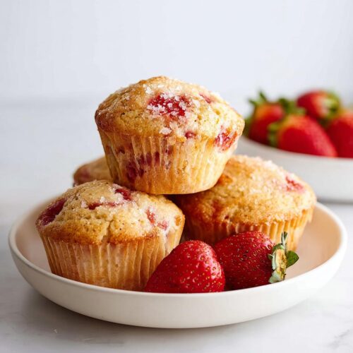 A stack of moist Gluten Free Strawberry Muffins topped with coarse sugar, served with fresh strawberries.
