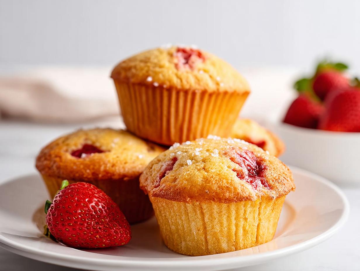 A stack of moist Gluten Free Strawberry Muffins topped with coarse sugar, served with fresh strawberries.