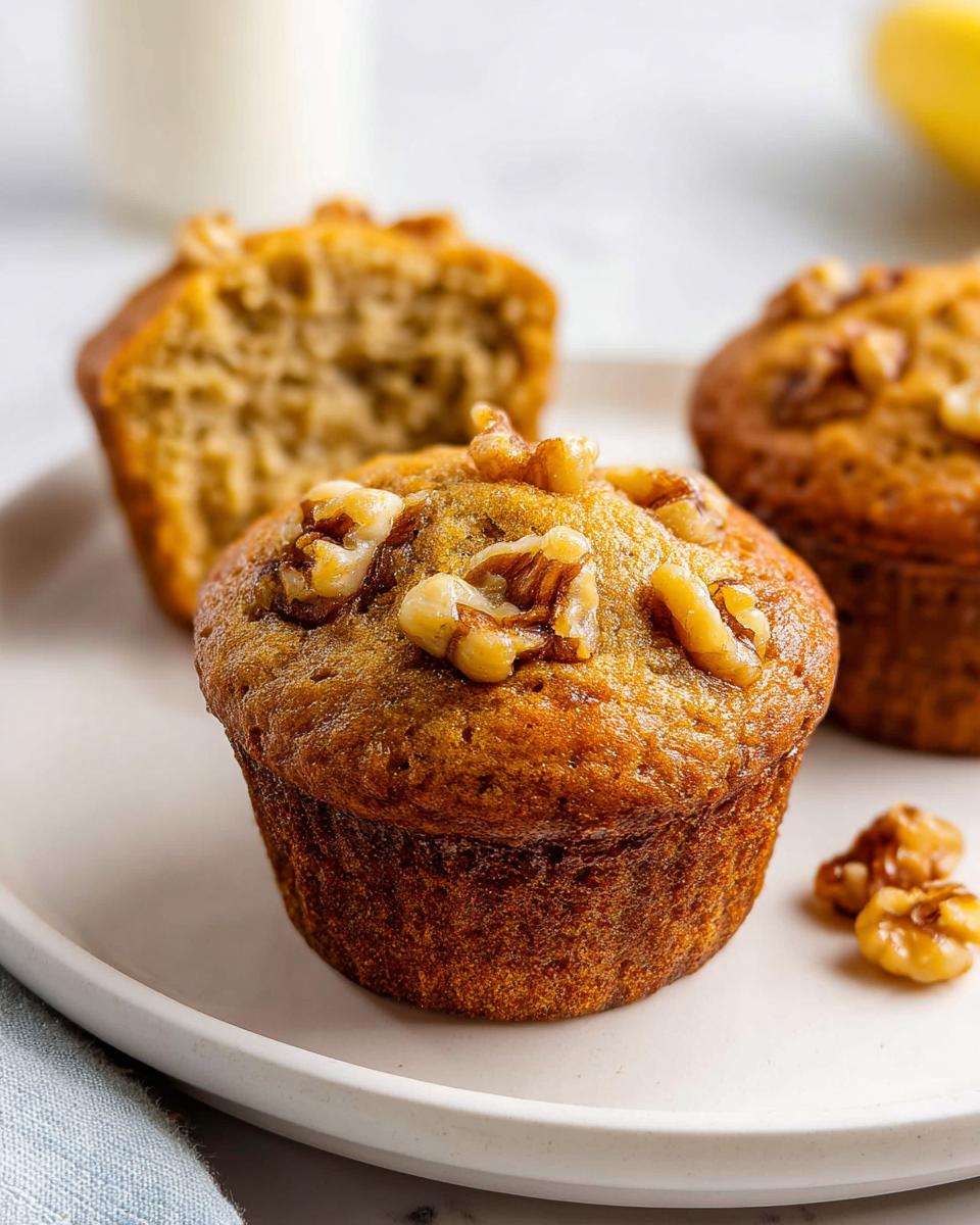 Close-up of golden brown Banana Nut Muffins topped with walnuts, served on a white plate with a glass of milk blurred in the background.