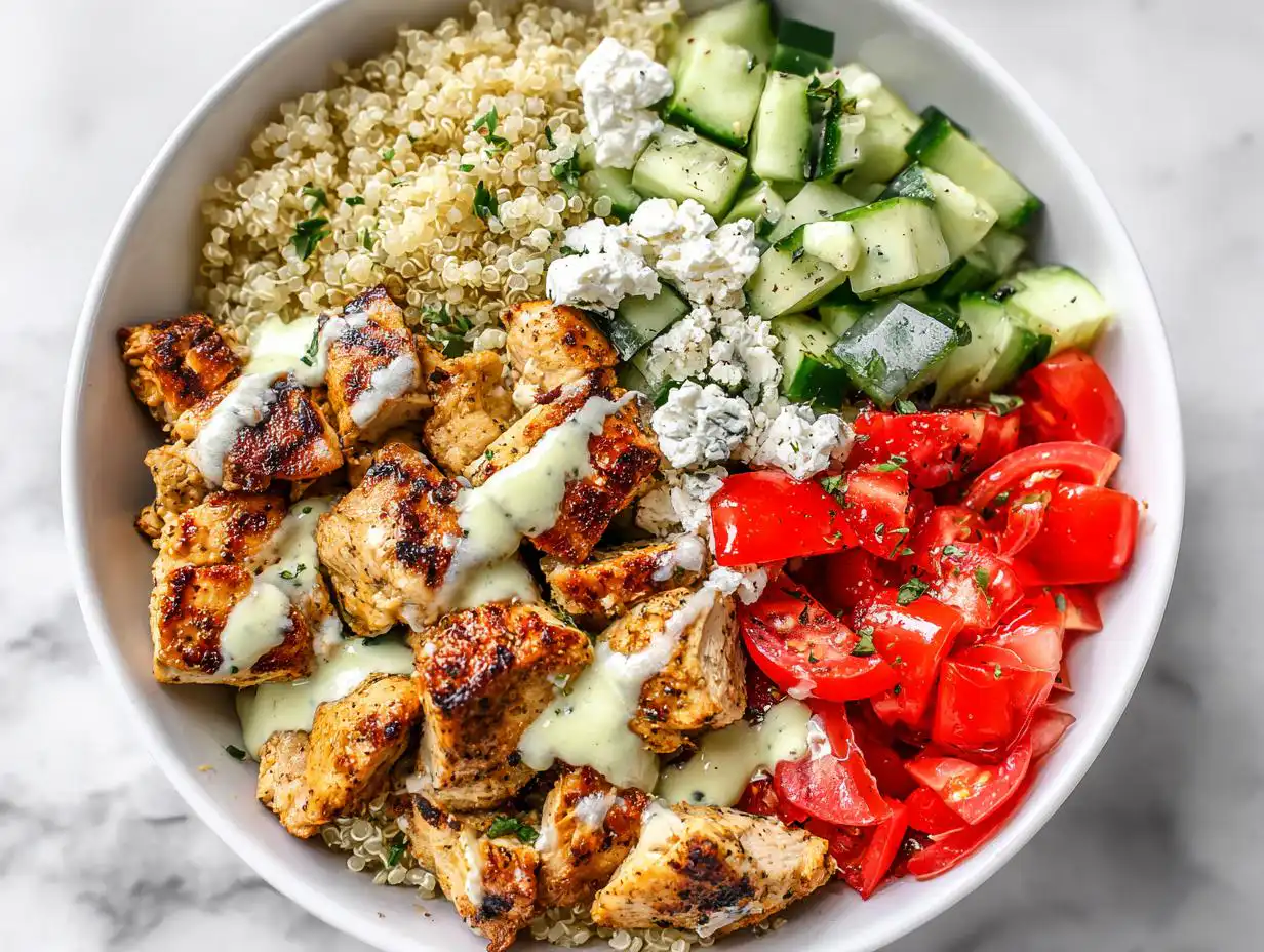 Overhead view of a vibrant Greek Chicken Summer Bowl featuring grilled chicken, quinoa, tomatoes, cucumbers, and feta.