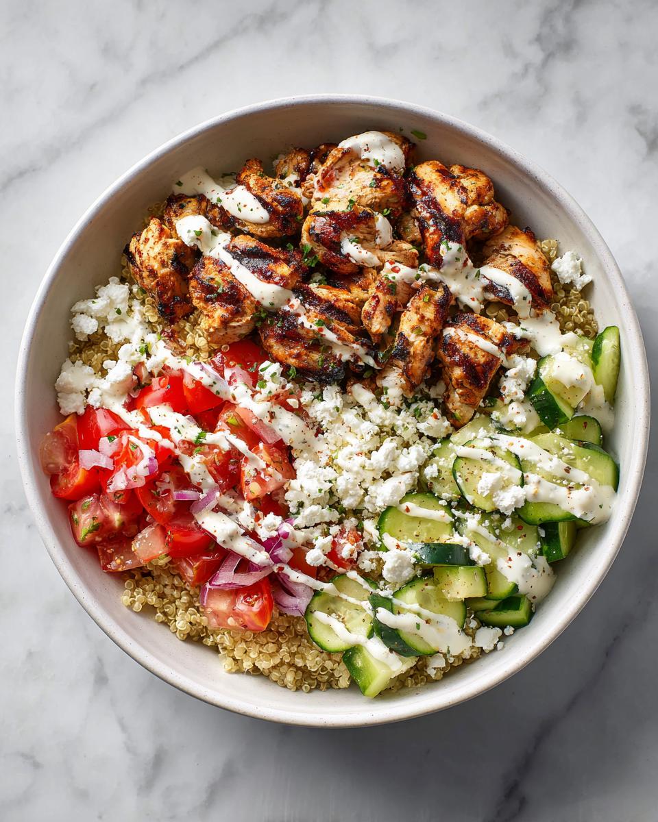 Overhead view of a vibrant Greek Chicken Summer Bowl featuring grilled chicken, quinoa, tomatoes, cucumbers, feta, and tzatziki sauce.