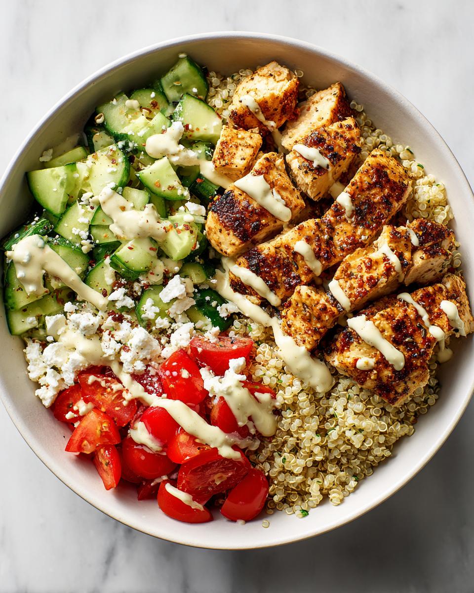 Overhead view of a vibrant Greek Chicken Summer Bowl featuring seasoned chicken, quinoa, cucumbers, tomatoes, feta, and a creamy dressing.