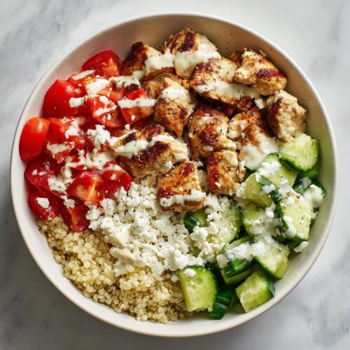 Overhead view of a vibrant Greek Chicken Summer Bowl featuring grilled chicken, tomatoes, cucumbers, feta, and quinoa drizzled with dressing.