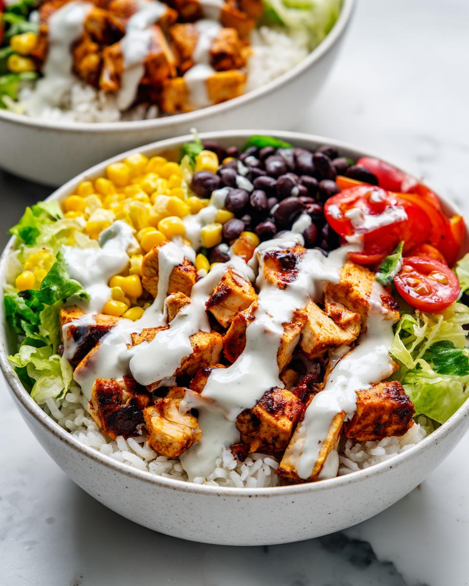 Close-up of a Greek Yogurt High Protein Taco Bowl featuring seasoned chicken, rice, black beans, corn, tomatoes, and a creamy yogurt drizzle.
