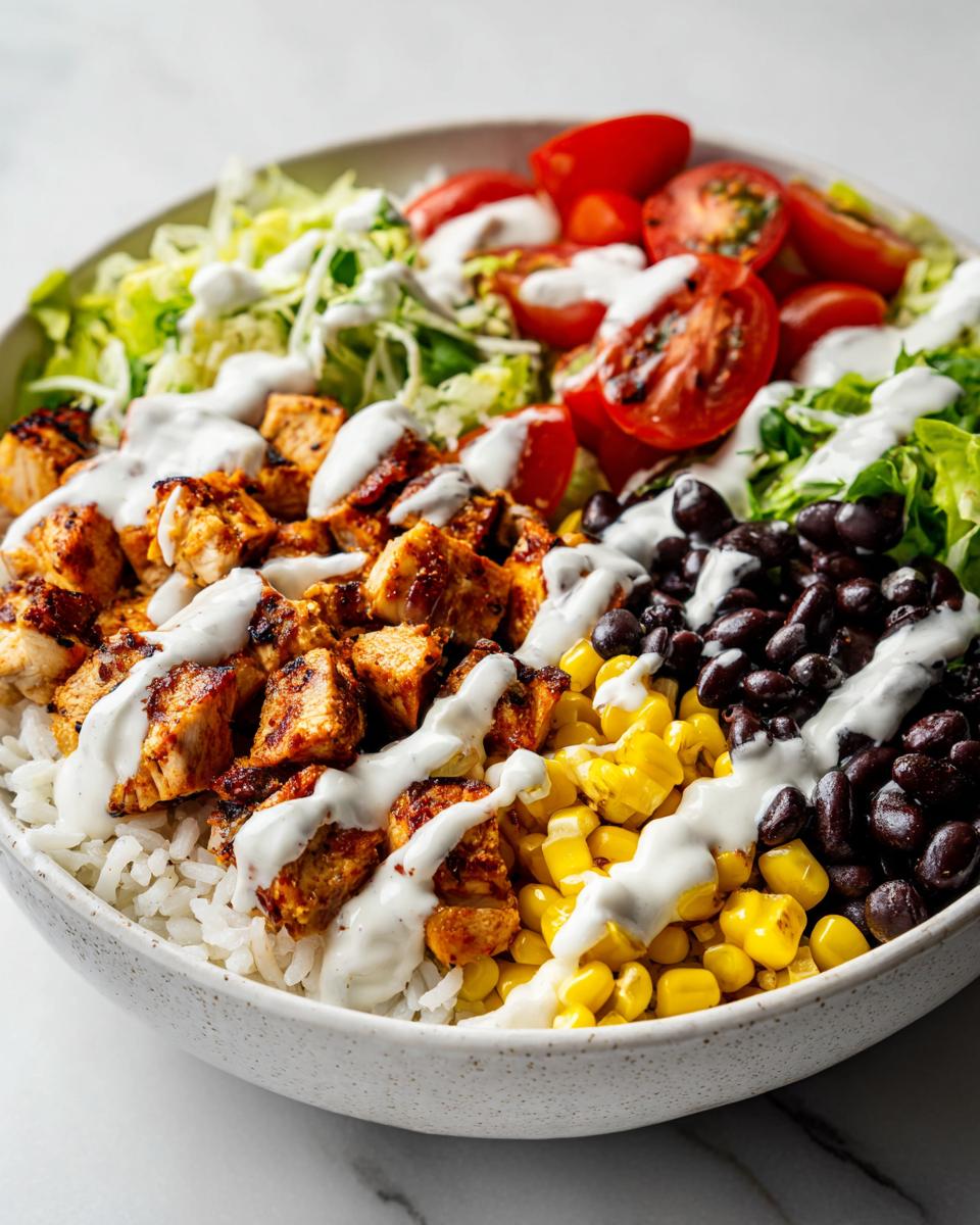 Close-up of a vibrant Greek Yogurt High Protein Taco Bowl featuring seasoned chicken, rice, black beans, corn, tomatoes, lettuce, and a creamy drizzle.