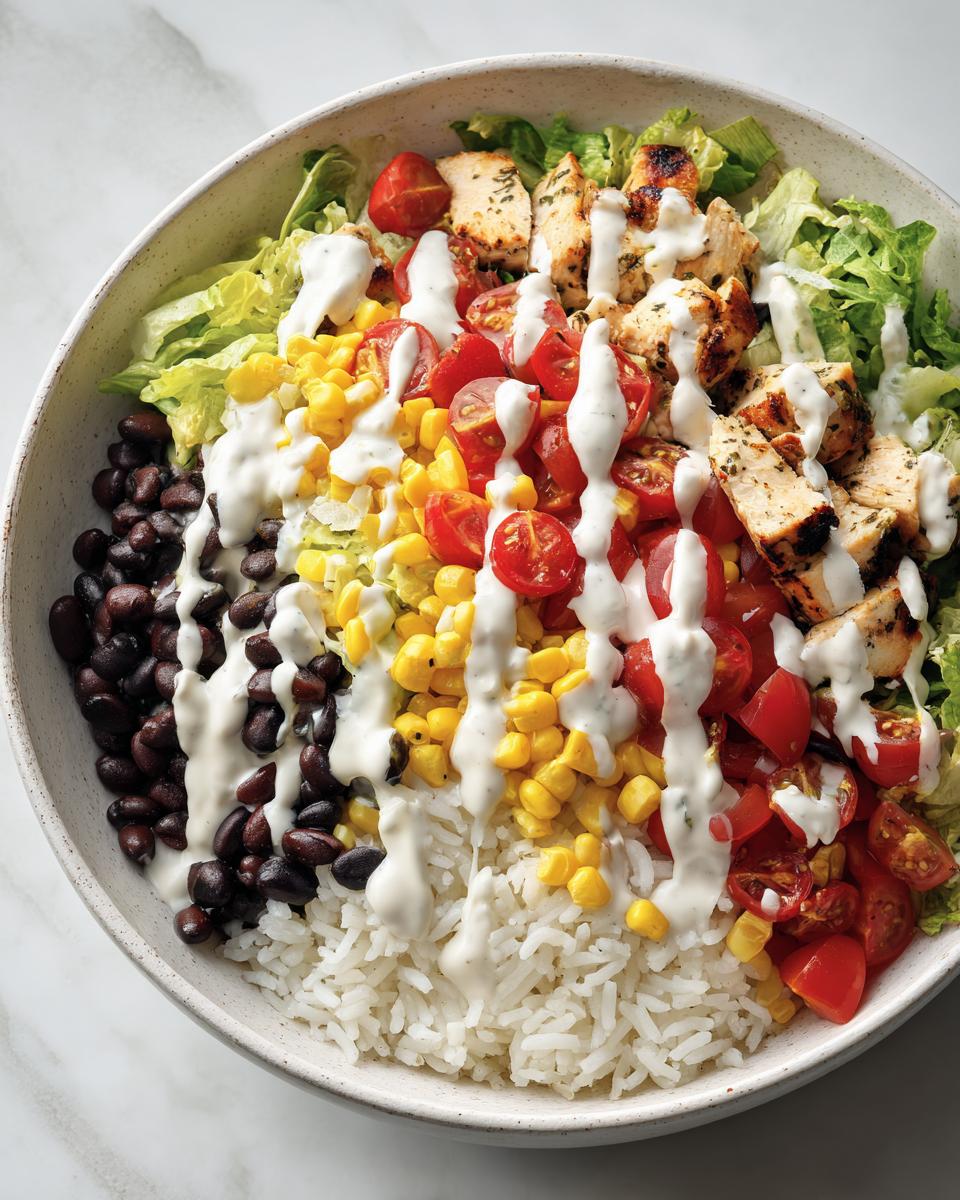 Overhead view of a vibrant Greek Yogurt High Protein Taco Bowl featuring grilled chicken, rice, black beans, corn, tomatoes, and a creamy drizzle.