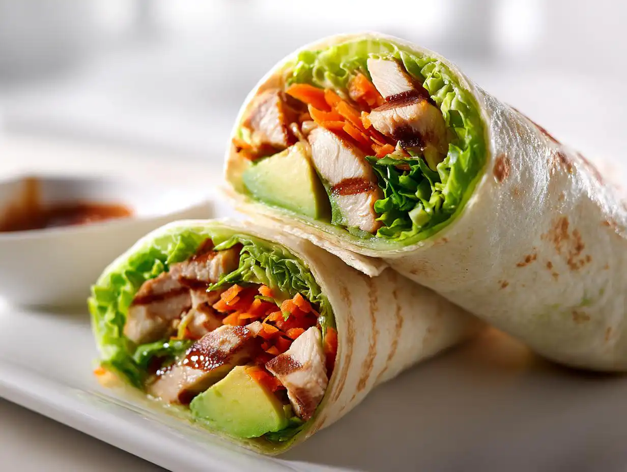 Two halves of a fresh wrap filled with grilled chicken, avocado, lettuce, and shredded carrots, showcasing great Summer Chicken Wrap Ideas.