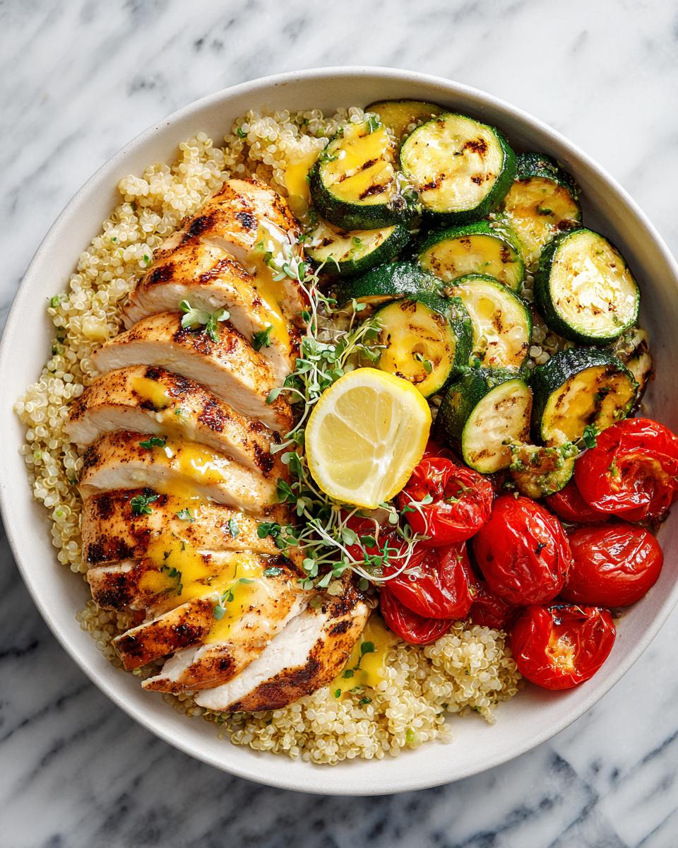 A bowl featuring sliced grilled chicken breast over quinoa, served with grilled zucchini, roasted tomatoes, and a lemon garnish, perfect for light summer dinner recipes.