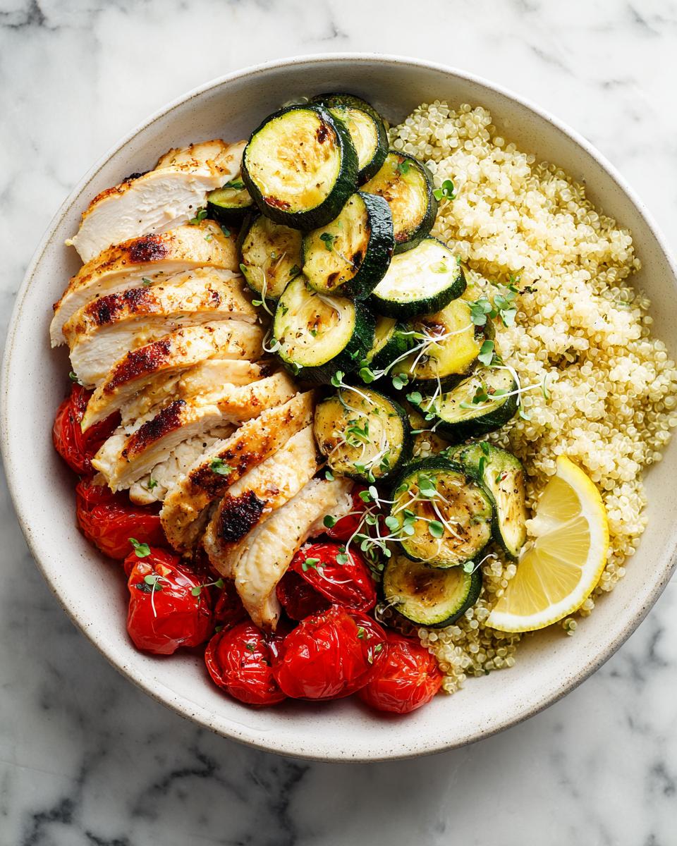 Overhead view of a healthy bowl featuring sliced grilled chicken, quinoa, roasted tomatoes, and grilled zucchini, perfect for Light Summer Dinner Recipes.