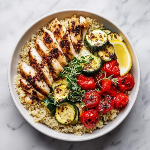 A vibrant bowl featuring sliced grilled chicken, quinoa, grilled zucchini, roasted tomatoes, and a lemon wedge, perfect for Light Summer Dinner Recipes.