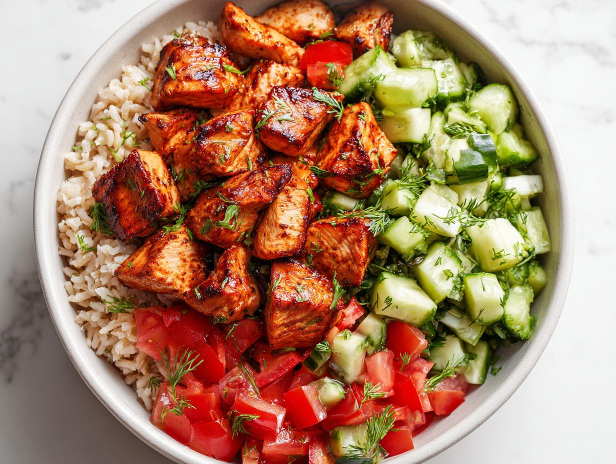 Overhead view of a vibrant bowl featuring grilled chicken, brown rice, diced tomatoes, and cucumber salad, perfect for Healthy Summer Lunch Ideas.