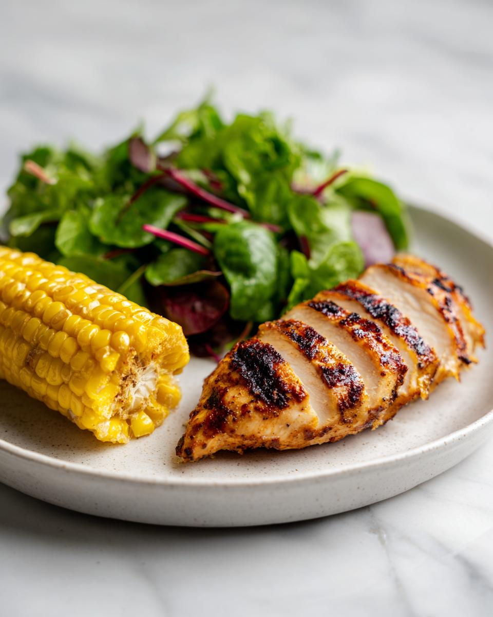 A plate featuring sliced Grilled Chicken Summer Plate, corn on the cob, and mixed greens.