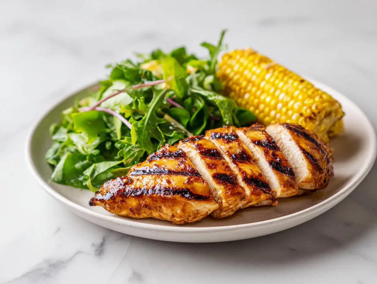 A perfectly sliced Grilled Chicken Summer Plate featuring glazed chicken breast, a side of fresh greens, and grilled corn on the cob.
