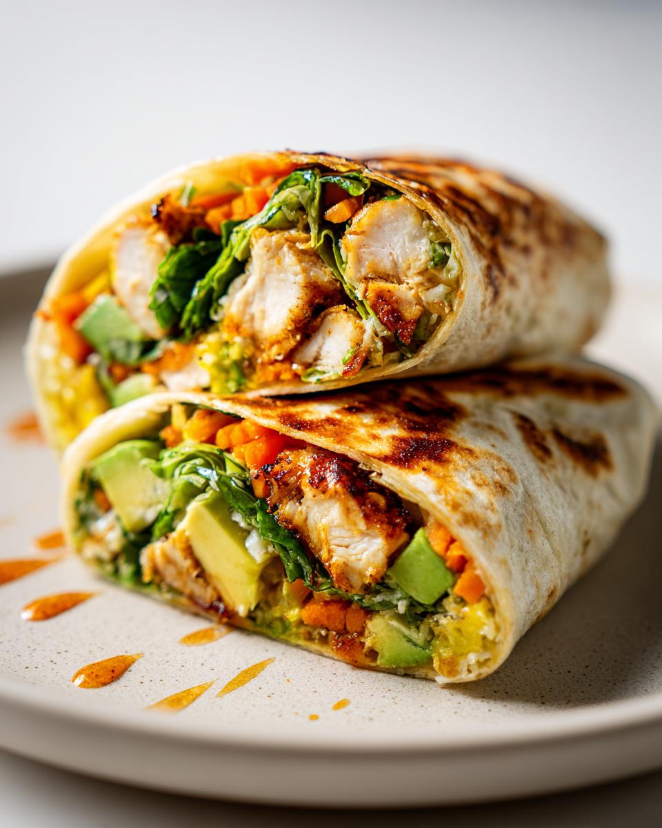 Cross-section of a grilled chicken wrap filled with avocado, carrots, and lettuce, a perfect example of Summer Chicken Wrap Ideas.